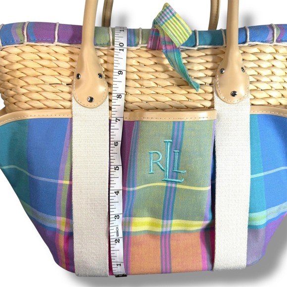 Lauren Ralph Lauren Madras Plaid Straw Tote Bag Canvas Beach Bag Preppy Vacation - Picture 6 of 8